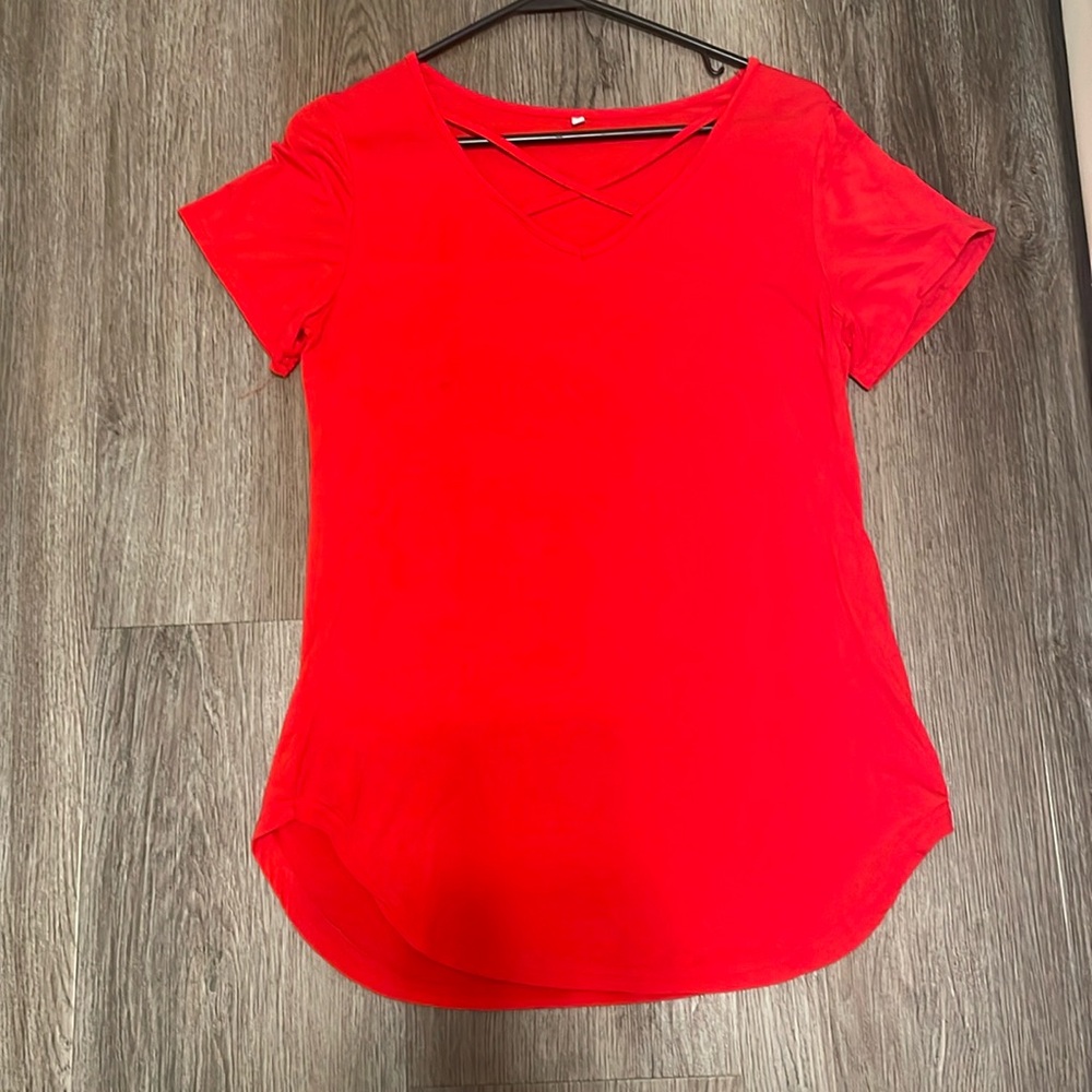 Red V-Neck Cross Design Top